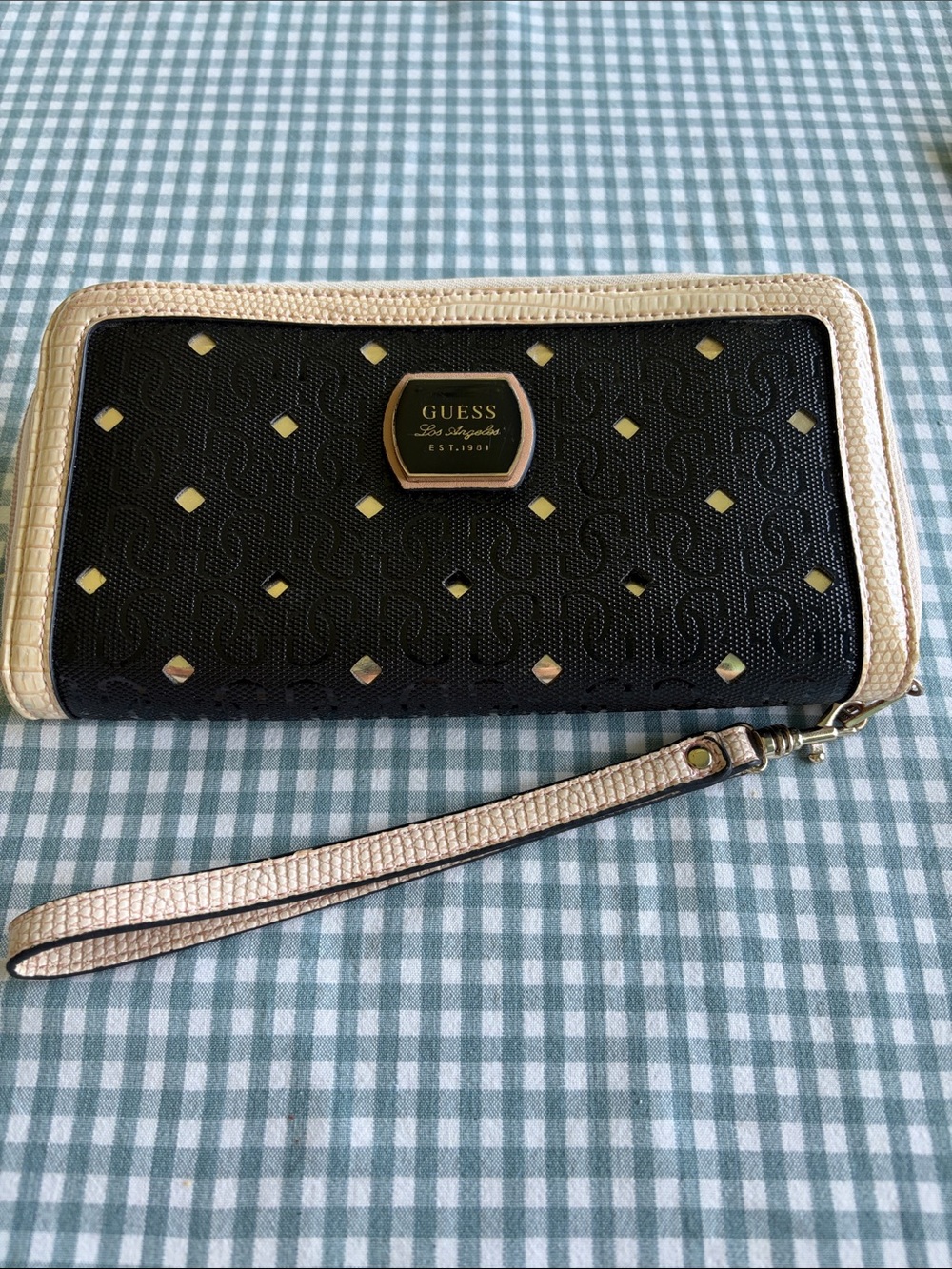 GUESS vintage Black Wallet with Gold Trim and Stud Accents
